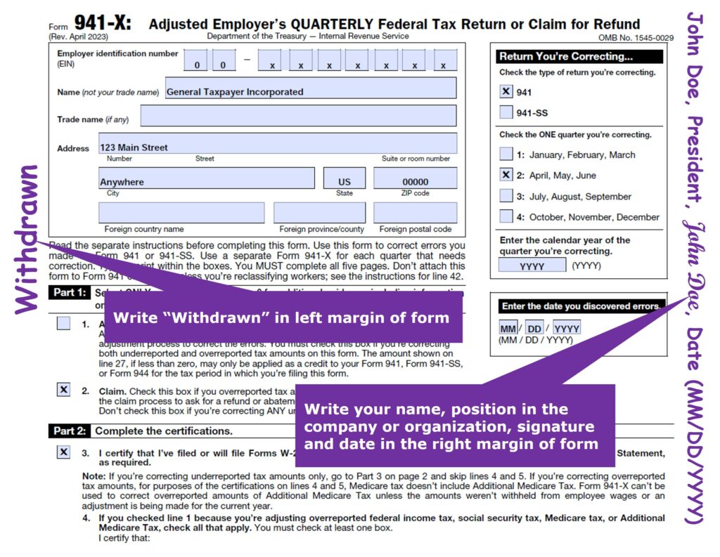 IRS form 941-X adjusted employer's quarterly federal tax return or claim for refund form