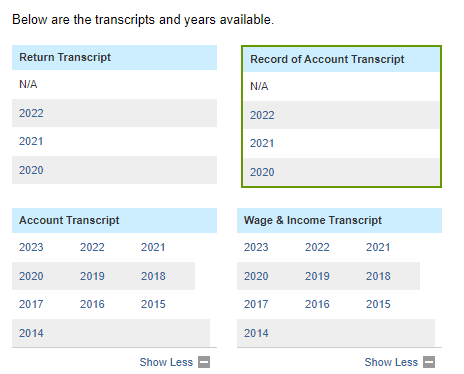 Selector for IRS Transcript to receive Taxpayer Transcript Reports by the year