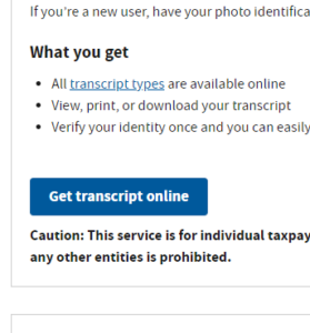 IRS website button to get taxpayer transcripts