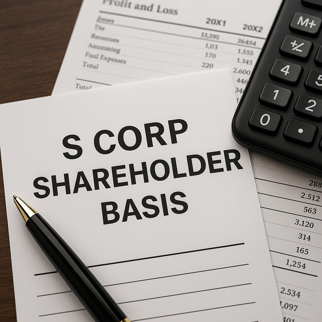 S Corp investor calculation including a pad of paper, pen, and calculator to help