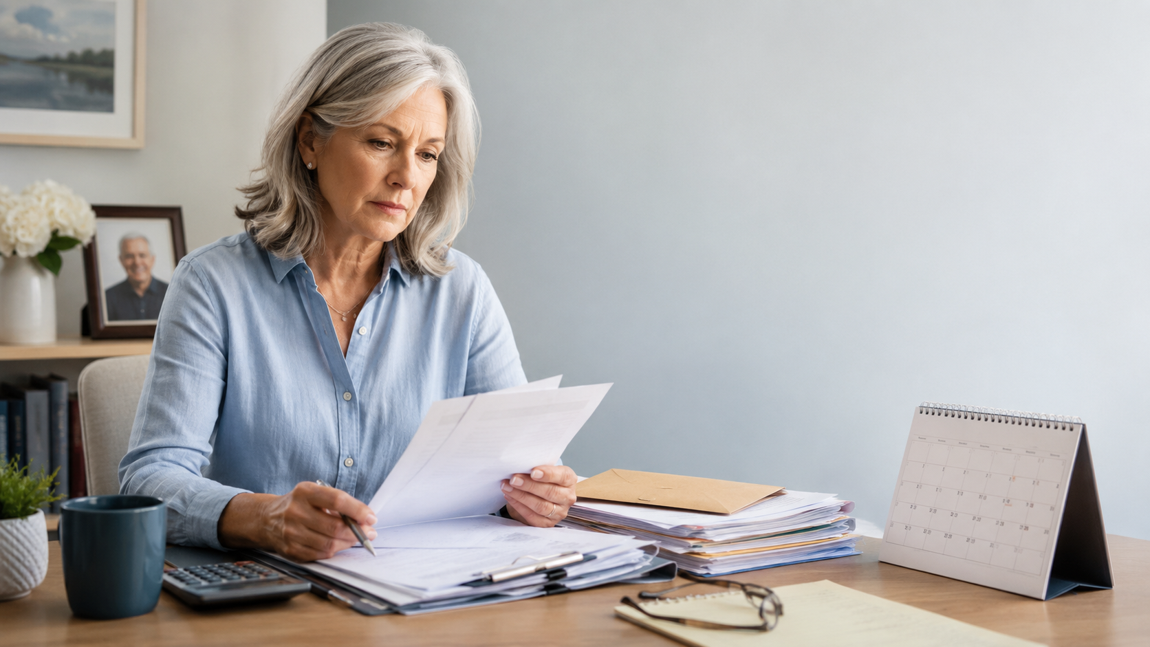 widow with tax liability after spouse dies looking at the tax notice from the IRS